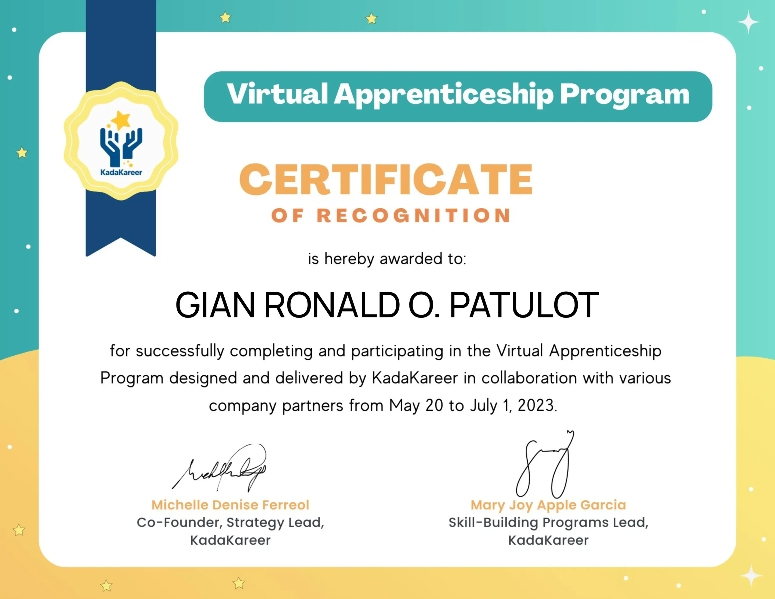 KadaKareer Marketing Apprenticeship Certificate | Gian Patulot