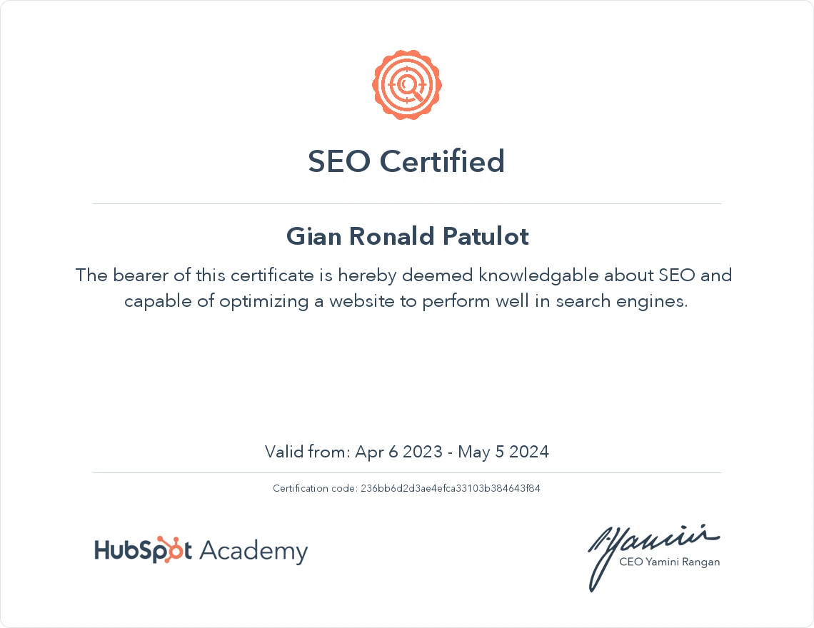 Hubspot SEO Certified | Gian Patulot